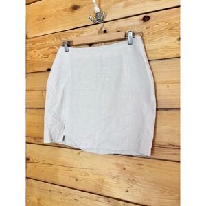 Linen Look Mini Skirt Large Cream Slit High Waist Daily Story Minimalist Oatmeal